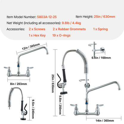 VEVOR Wall-Mounted Kitchen Faucet, 25" Tall, 8" Center Distance, 12" Rotatable Spout, Includes Pre-Rinse Spray, Brass Build, Pull-Down Feature, Suitable for Multi-Compartment Sinks - BGSYCXSLTBGSVEFGVV0 - view 8
