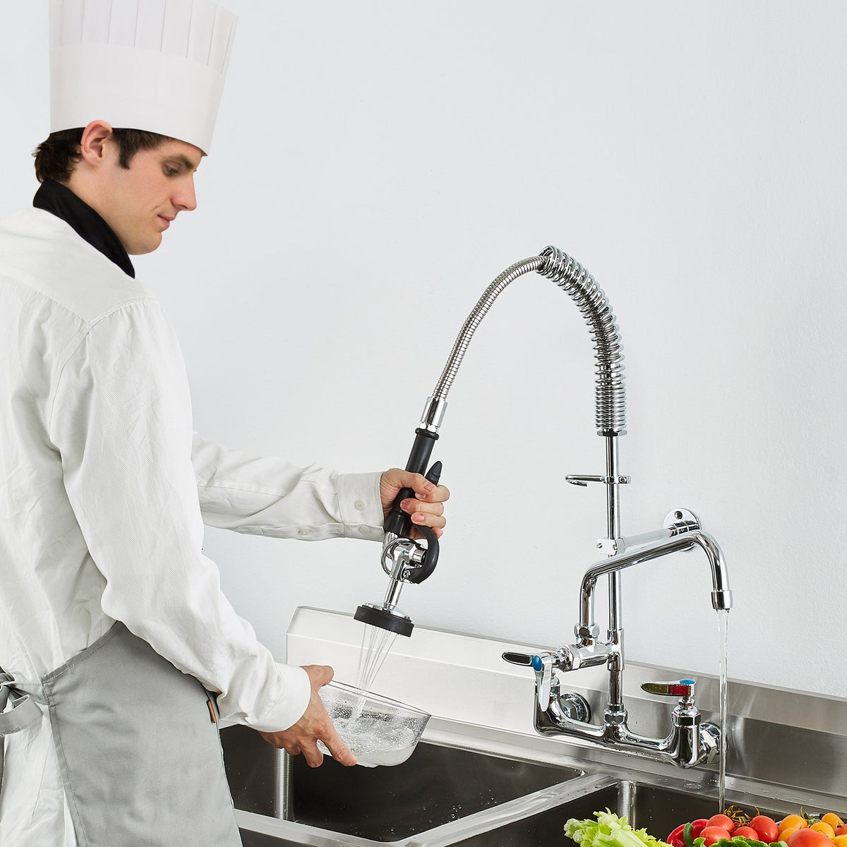 VEVOR Wall-Mounted Kitchen Faucet, 25" Tall, 8" Center Distance, 12" Rotatable Spout, Includes Pre-Rinse Spray, Brass Build, Pull-Down Feature, Suitable for Multi-Compartment Sinks - BGSYCXSLTBGSVEFGVV0 - view 9