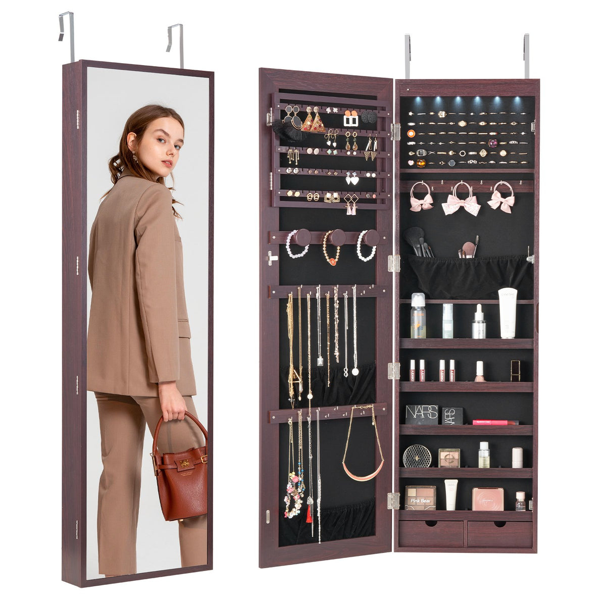 VEVOR Mirror Jewelry Cabinet, 47.05-Inch Tall Lockable Jewelry Cabinet Armoire with Full-Length Mirror, Wall or Door Mounted Jewelry Mirror Organizer with LED Interior Lights and Velvet Lining, Brown - BGSZBSNJ1454WHFUXV9 - view 1
