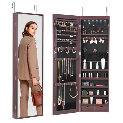 VEVOR Mirror Jewelry Cabinet, 47.05-Inch Tall Lockable Jewelry Cabinet Armoire with Full-Length Mirror, Wall or Door Mounted Jewelry Mirror Organizer with LED Interior Lights and Velvet Lining, Brown - BGSZBSNJ1454WHFUXV9 - view 1