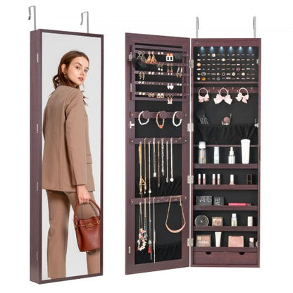 VEVOR Mirror Jewelry Cabinet, 47.05-Inch Tall Lockable Jewelry Cabinet Armoire with Full-Length Mirror, Wall or Door Mounted Jewelry Mirror Organizer with LED Interior Lights and Velvet Lining, Brown - BGSZBSNJ1454WHFUXV9 - view 2