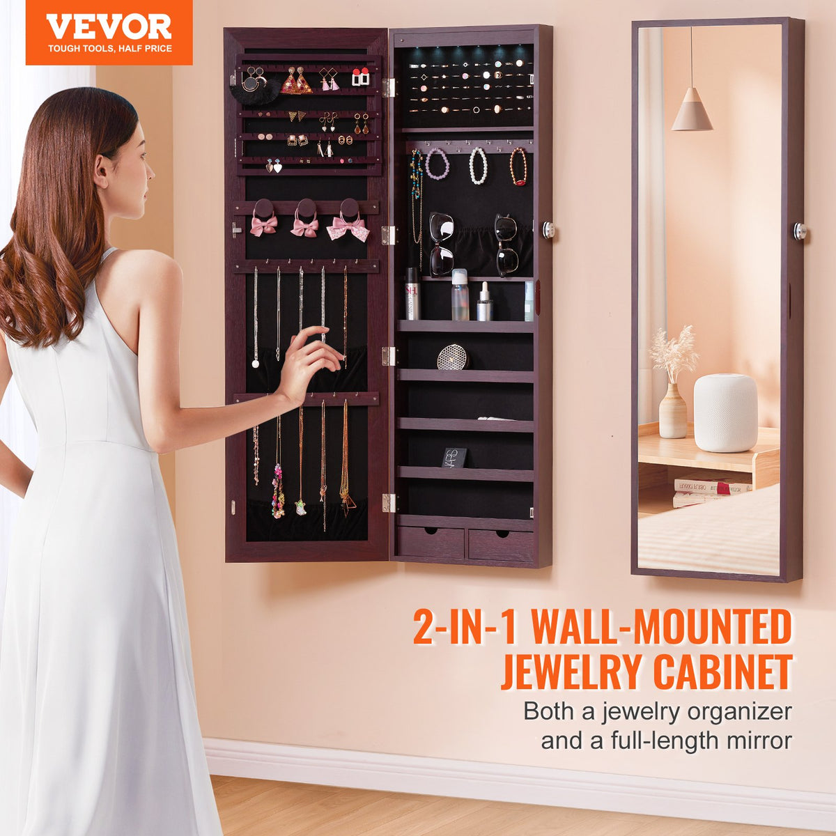 VEVOR Mirror Jewelry Cabinet, 47.05-Inch Tall Lockable Jewelry Cabinet Armoire with Full-Length Mirror, Wall or Door Mounted Jewelry Mirror Organizer with LED Interior Lights and Velvet Lining, Brown - BGSZBSNJ1454WHFUXV9 - view 3