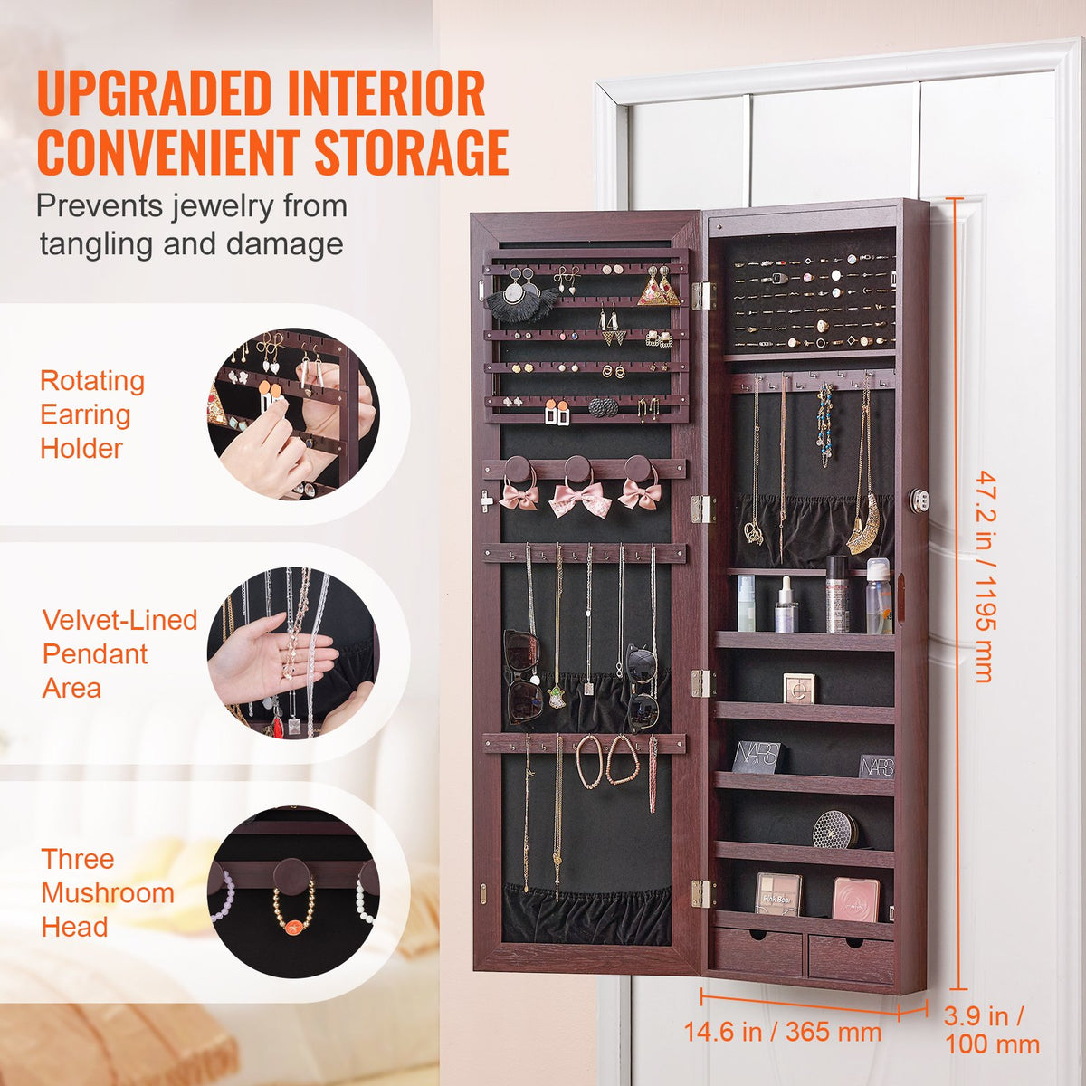 VEVOR Mirror Jewelry Cabinet, 47.05-Inch Tall Lockable Jewelry Cabinet Armoire with Full-Length Mirror, Wall or Door Mounted Jewelry Mirror Organizer with LED Interior Lights and Velvet Lining, Brown - BGSZBSNJ1454WHFUXV9 - view 5