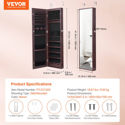 VEVOR Mirror Jewelry Cabinet, 47.05-Inch Tall Lockable Jewelry Cabinet Armoire with Full-Length Mirror, Wall or Door Mounted Jewelry Mirror Organizer with LED Interior Lights and Velvet Lining, Brown - BGSZBSNJ1454WHFUXV9 - view 8