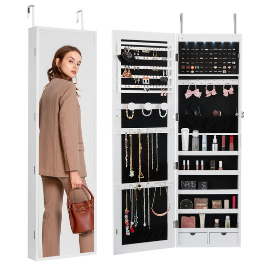 VEVOR Mirror Jewelry Cabinet, 47.05-Inch Tall Lockable Jewelry Cabinet Armoire with Full-Length Mirror, Wall or Door Mounted Jewelry Mirror Organizer with LED Interior Lights and Velvet Lining, White - BGSZBSNJ1454YENXFV9 - view 1