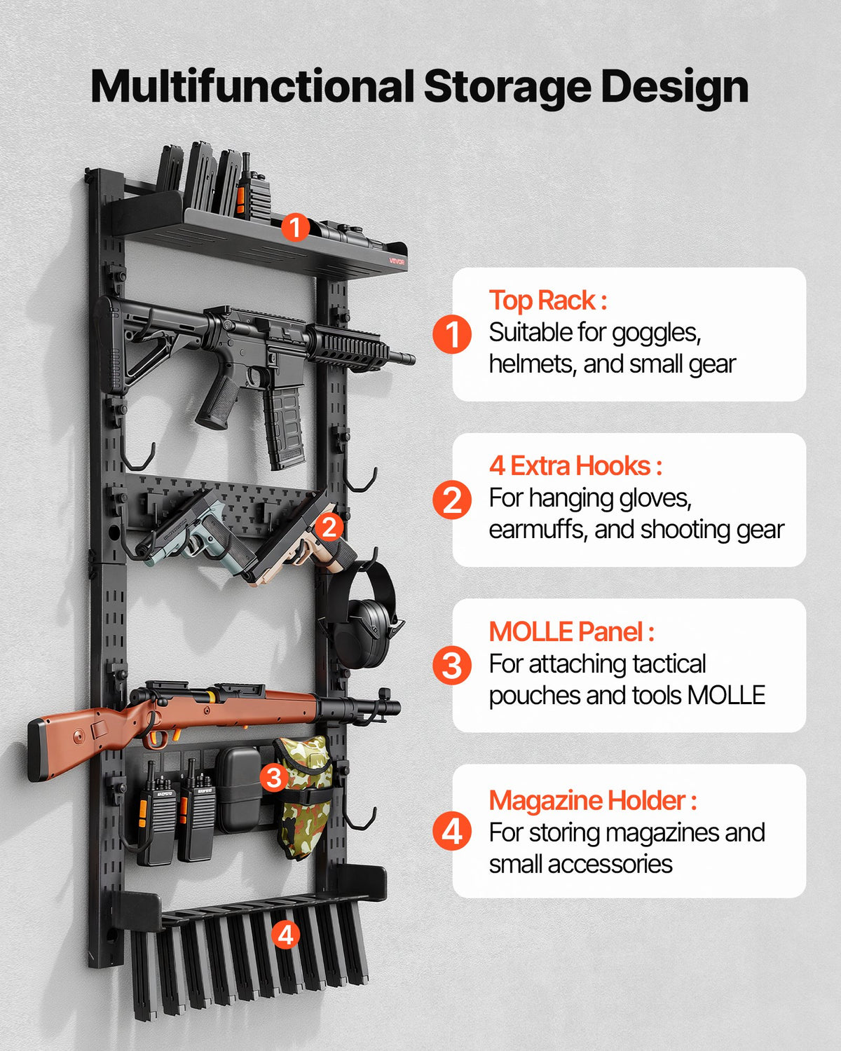 VEVOR Gun Rack Wall Mount, Heavy Duty Steel, Indoor Rifle Shotgun Rack with Magazine Holder, MOLLE Panel, Gun Accessories Display Storage Holder, Hold Up to 5 Rifles or Shotguns, for Tactical Gear - BGSZSQJJS5QWL0CBU001V0 - view 4