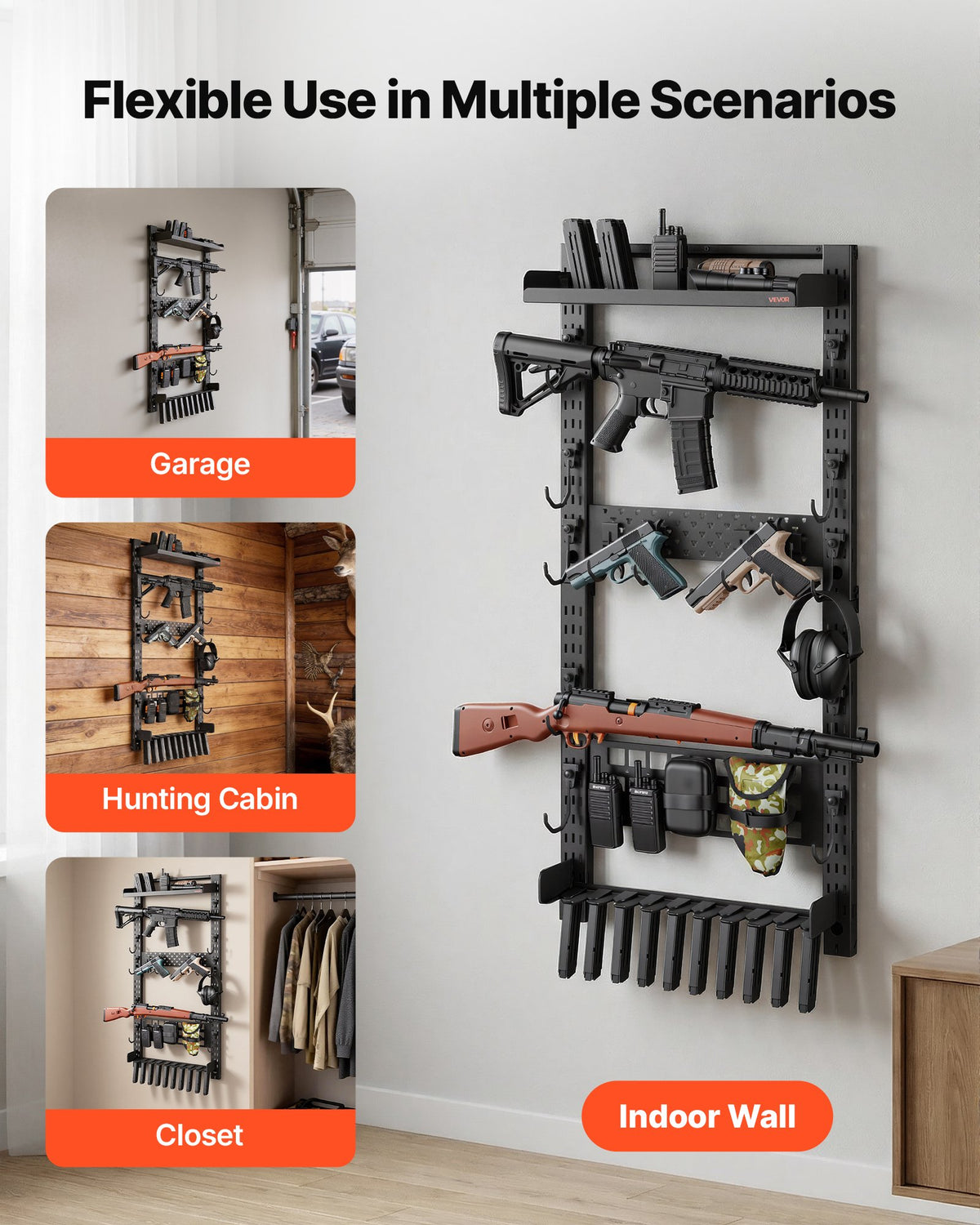 VEVOR Gun Rack Wall Mount, Heavy Duty Steel, Indoor Rifle Shotgun Rack with Magazine Holder, MOLLE Panel, Gun Accessories Display Storage Holder, Hold Up to 5 Rifles or Shotguns, for Tactical Gear - BGSZSQJJS5QWL0CBU001V0 - view 7