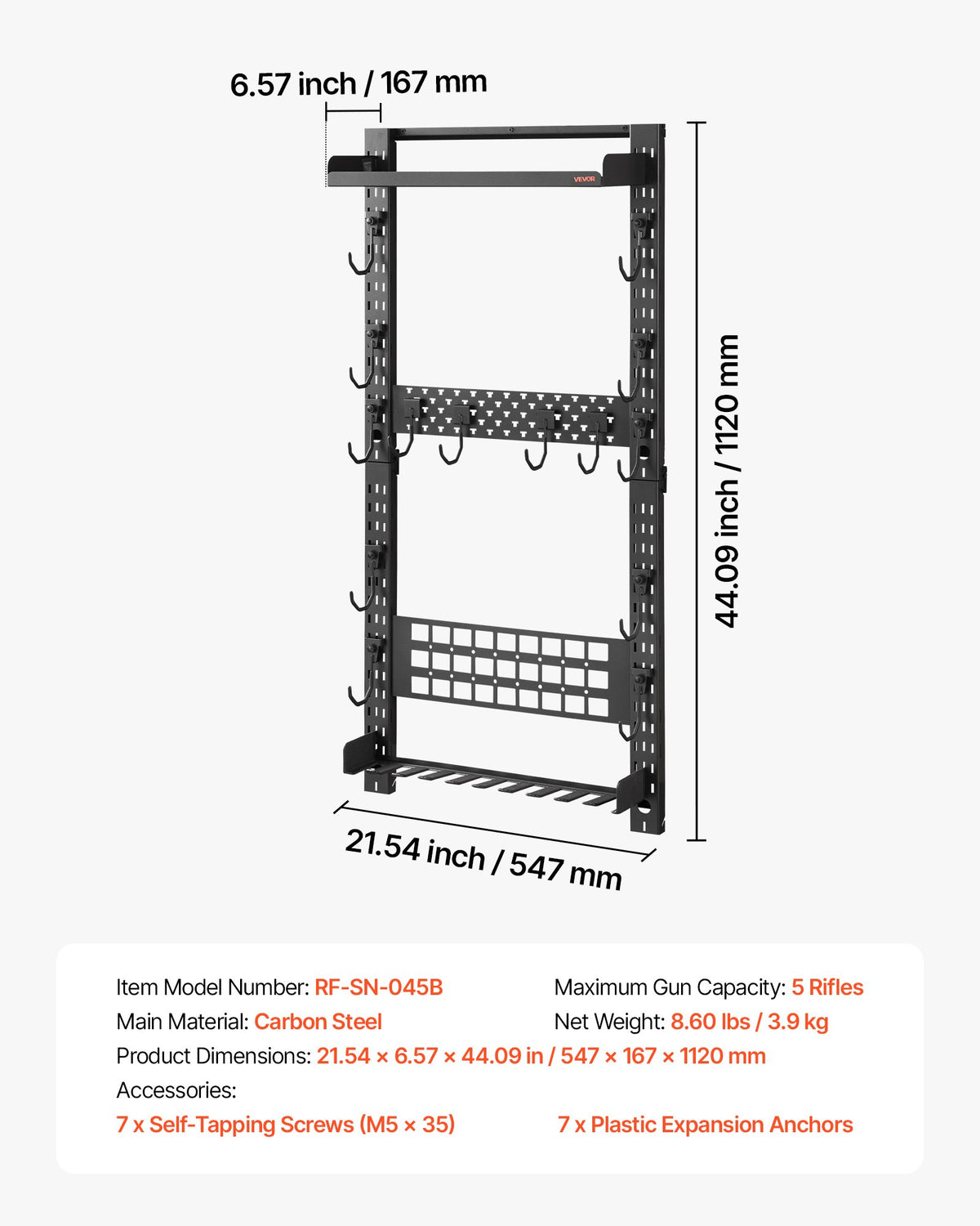 VEVOR Gun Rack Wall Mount, Heavy Duty Steel, Indoor Rifle Shotgun Rack with Magazine Holder, MOLLE Panel, Gun Accessories Display Storage Holder, Hold Up to 5 Rifles or Shotguns, for Tactical Gear - BGSZSQJJS5QWL0CBU001V0 - view 8