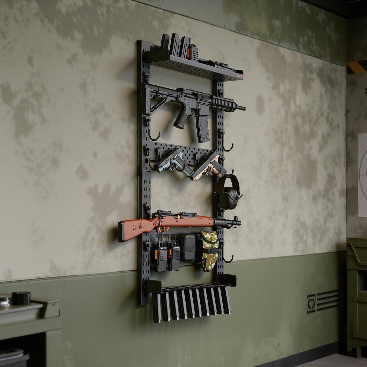 VEVOR Gun Rack Wall Mount, Heavy Duty Steel, Indoor Rifle Shotgun Rack with Magazine Holder, MOLLE Panel, Gun Accessories Display Storage Holder, Hold Up to 5 Rifles or Shotguns, for Tactical Gear - BGSZSQJJS5QWL0CBU001V0 - view 9