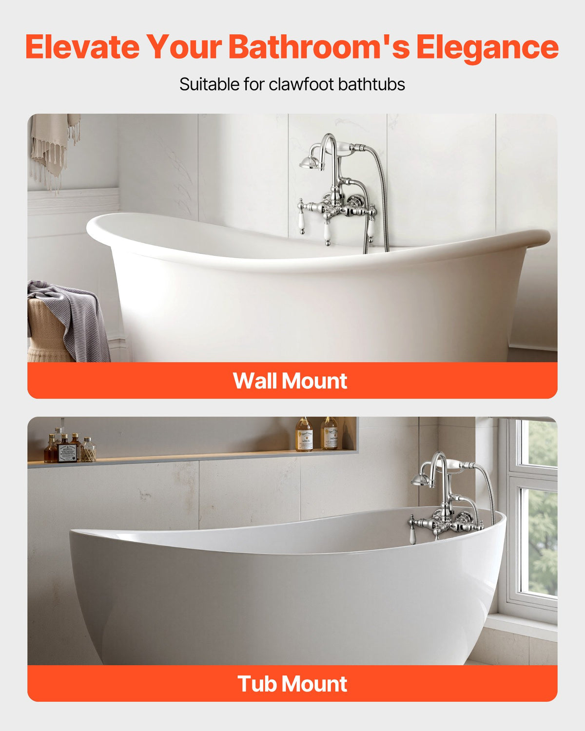 VEVOR Clawfoot Tub Faucet, Wall-Mounted Bathtub Faucets with Handheld Shower, Polished Chrome Clawfoot Tub Filler Faucet Shower Kit with 59" Long Hose & Gooseneck Spout, Modern & Vintage for Bathtubs - BGSZZYGLTLTH1KEFJ001V0 - view 3