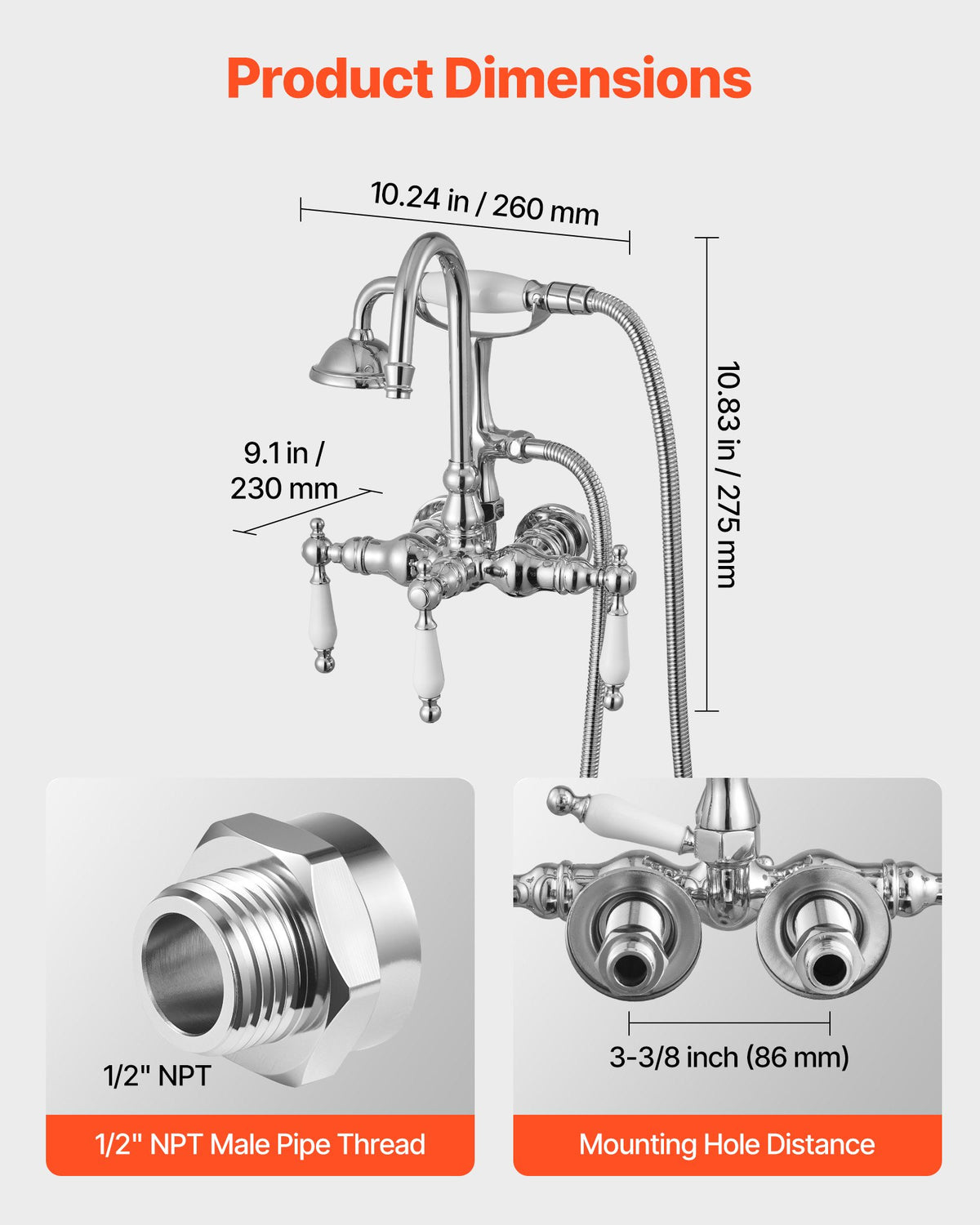VEVOR Clawfoot Tub Faucet, Wall-Mounted Bathtub Faucets with Handheld Shower, Polished Chrome Clawfoot Tub Filler Faucet Shower Kit with 59" Long Hose & Gooseneck Spout, Modern & Vintage for Bathtubs - BGSZZYGLTLTH1KEFJ001V0 - view 4