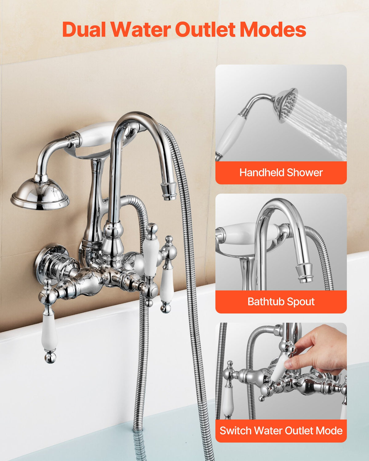 VEVOR Clawfoot Tub Faucet, Wall-Mounted Bathtub Faucets with Handheld Shower, Polished Chrome Clawfoot Tub Filler Faucet Shower Kit with 59" Long Hose & Gooseneck Spout, Modern & Vintage for Bathtubs - BGSZZYGLTLTH1KEFJ001V0 - view 5