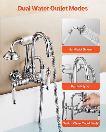 VEVOR Clawfoot Tub Faucet, Wall-Mounted Bathtub Faucets with Handheld Shower, Polished Chrome Clawfoot Tub Filler Faucet Shower Kit with 59" Long Hose & Gooseneck Spout, Modern & Vintage for Bathtubs - BGSZZYGLTLTH1KEFJ001V0 - view 5
