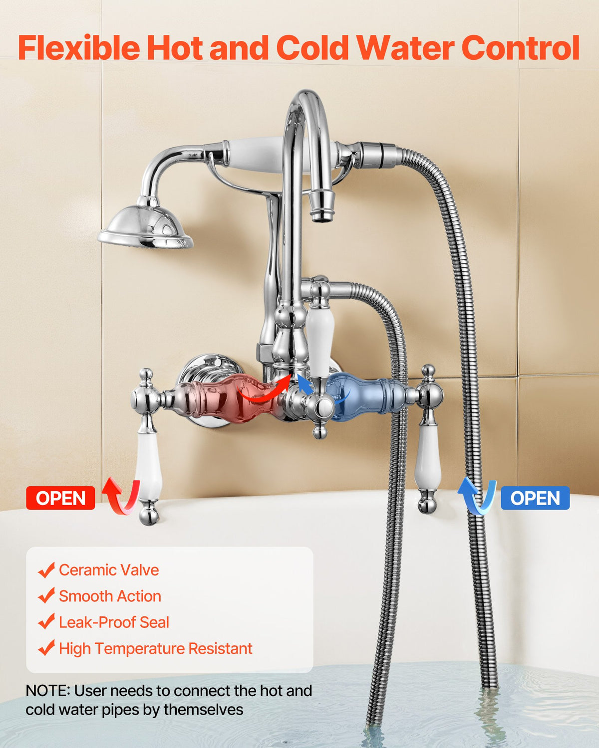 VEVOR Clawfoot Tub Faucet, Wall-Mounted Bathtub Faucets with Handheld Shower, Polished Chrome Clawfoot Tub Filler Faucet Shower Kit with 59" Long Hose & Gooseneck Spout, Modern & Vintage for Bathtubs - BGSZZYGLTLTH1KEFJ001V0 - view 7