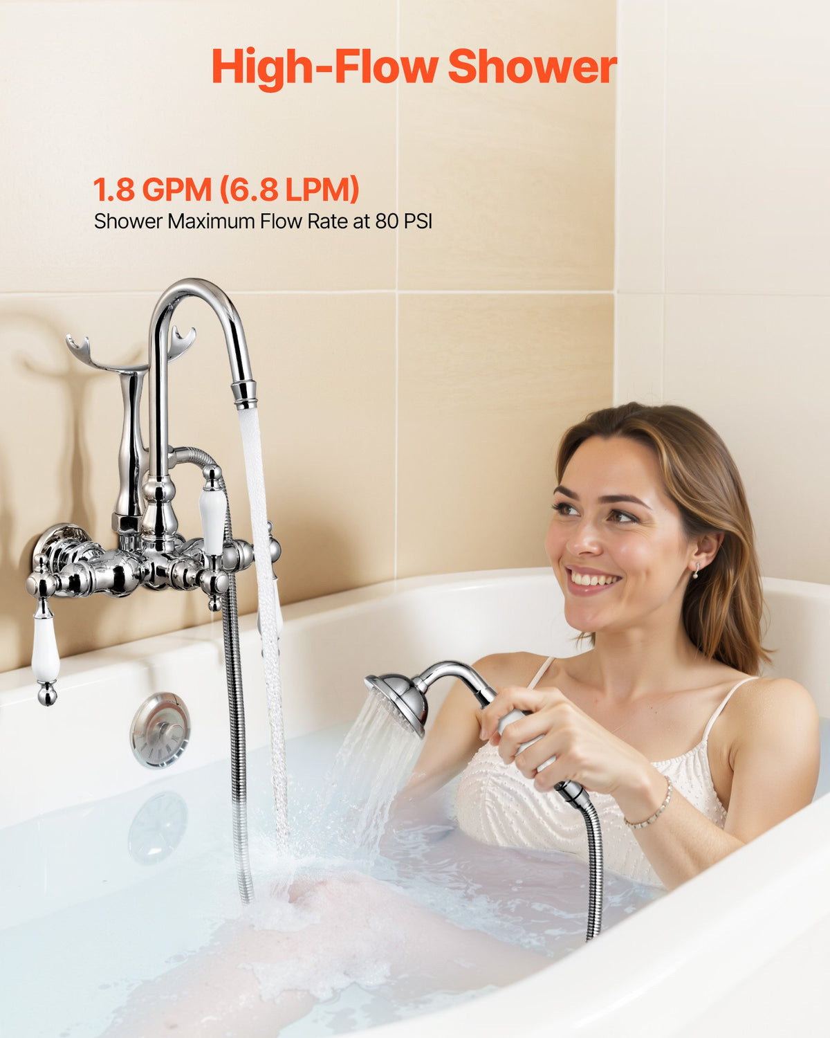 VEVOR Clawfoot Tub Faucet, Wall-Mounted Bathtub Faucets with Handheld Shower, Polished Chrome Clawfoot Tub Filler Faucet Shower Kit with 59" Long Hose & Gooseneck Spout, Modern & Vintage for Bathtubs - BGSZZYGLTLTH1KEFJ001V0 - view 8