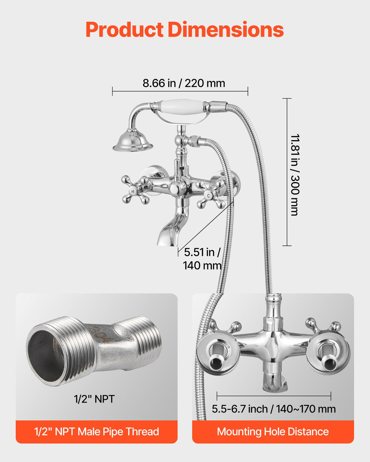 VEVOR Clawfoot Tub Faucet, Wall Mount Bathtub Faucets with Handheld Shower, Vintage Polished Chrome Clawfoot Tub Filler Faucet Shower Kit with Adjustable Swing Arms & 360° Rotation Spout for Bathtubs - BGSZZYGLTLTH9A651001V0 - view 4