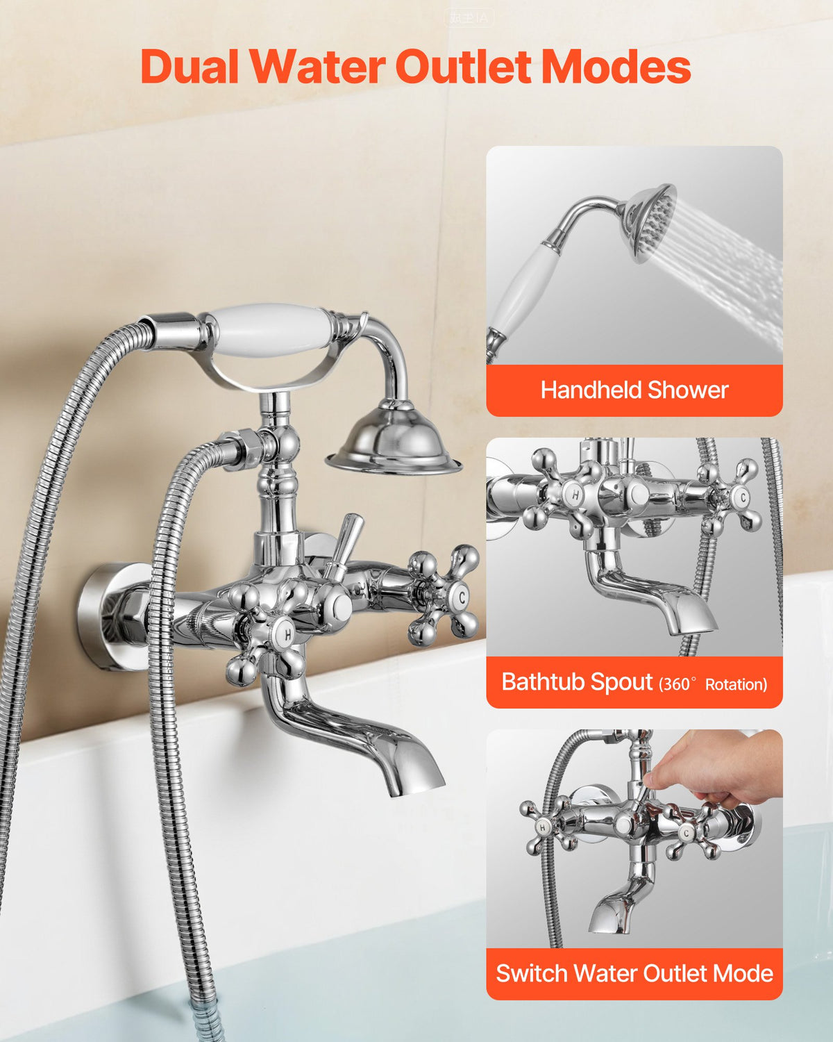 VEVOR Clawfoot Tub Faucet, Wall Mount Bathtub Faucets with Handheld Shower, Vintage Polished Chrome Clawfoot Tub Filler Faucet Shower Kit with Adjustable Swing Arms & 360° Rotation Spout for Bathtubs - BGSZZYGLTLTH9A651001V0 - view 5
