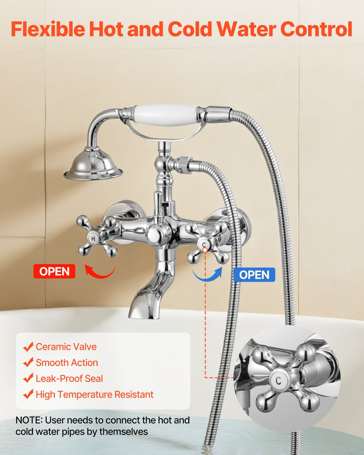 VEVOR Clawfoot Tub Faucet, Wall Mount Bathtub Faucets with Handheld Shower, Vintage Polished Chrome Clawfoot Tub Filler Faucet Shower Kit with Adjustable Swing Arms & 360° Rotation Spout for Bathtubs - BGSZZYGLTLTH9A651001V0 - view 7