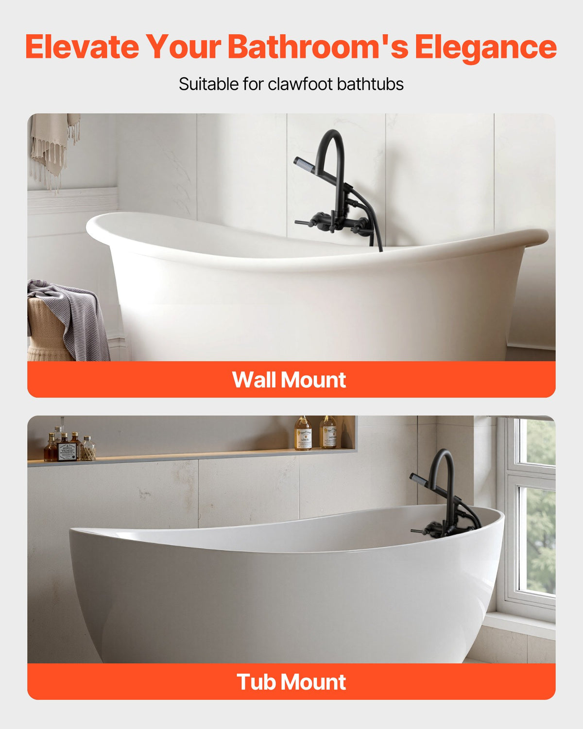 VEVOR Clawfoot Tub Faucet, Wall-Mounted Bathtub Faucet with Handheld Shower, Vintage Matte Black Clawfoot Tub Filler Shower Kit with Adjustable Swing Arms & Rotatable Gooseneck Spout for Bathtubs - BGSZZYGLTLTHGPGIU001V0 - view 3