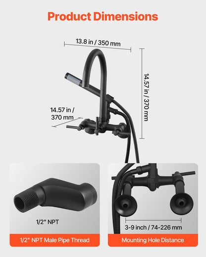 VEVOR Clawfoot Tub Faucet, Wall-Mounted Bathtub Faucet with Handheld Shower, Vintage Matte Black Clawfoot Tub Filler Shower Kit with Adjustable Swing Arms & Rotatable Gooseneck Spout for Bathtubs - BGSZZYGLTLTHGPGIU001V0 - view 4