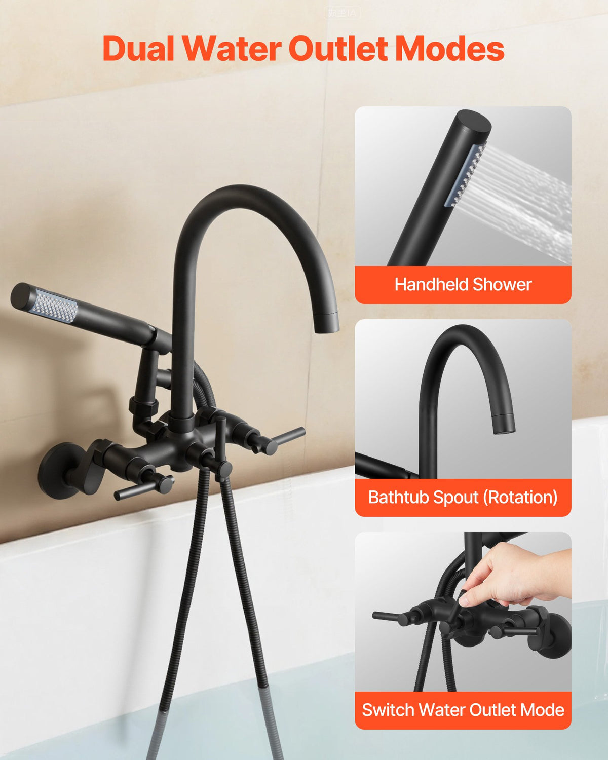 VEVOR Clawfoot Tub Faucet, Wall-Mounted Bathtub Faucet with Handheld Shower, Vintage Matte Black Clawfoot Tub Filler Shower Kit with Adjustable Swing Arms & Rotatable Gooseneck Spout for Bathtubs - BGSZZYGLTLTHGPGIU001V0 - view 5