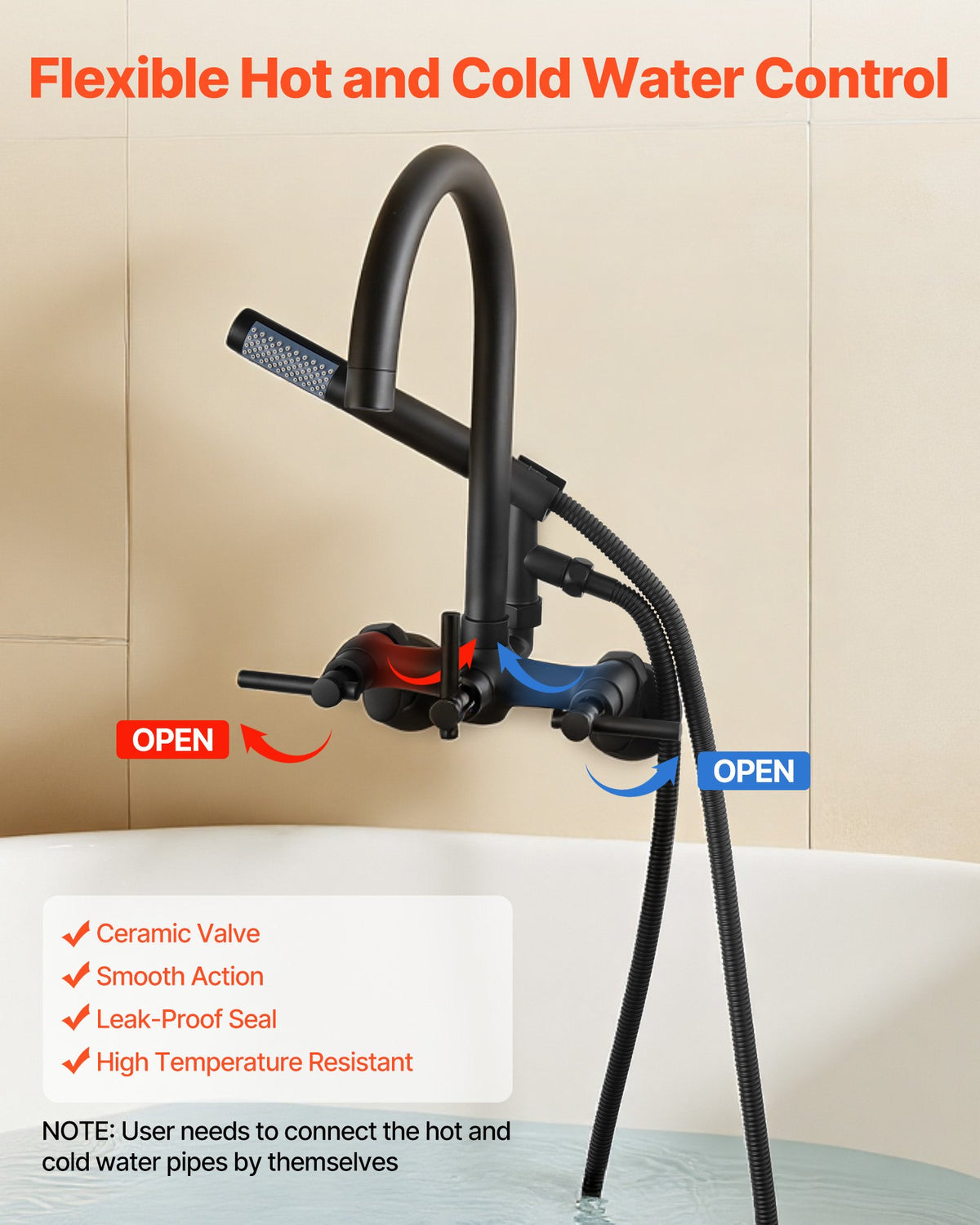 VEVOR Clawfoot Tub Faucet, Wall-Mounted Bathtub Faucet with Handheld Shower, Vintage Matte Black Clawfoot Tub Filler Shower Kit with Adjustable Swing Arms & Rotatable Gooseneck Spout for Bathtubs - BGSZZYGLTLTHGPGIU001V0 - view 7