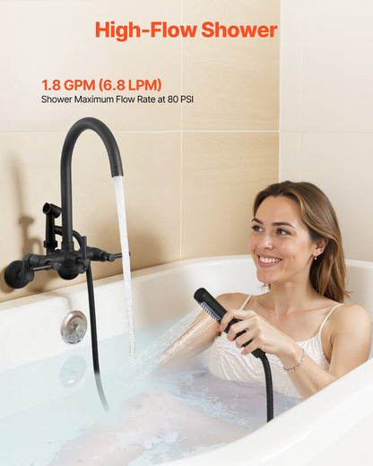 VEVOR Clawfoot Tub Faucet, Wall-Mounted Bathtub Faucet with Handheld Shower, Vintage Matte Black Clawfoot Tub Filler Shower Kit with Adjustable Swing Arms & Rotatable Gooseneck Spout for Bathtubs - BGSZZYGLTLTHGPGIU001V0 - view 8
