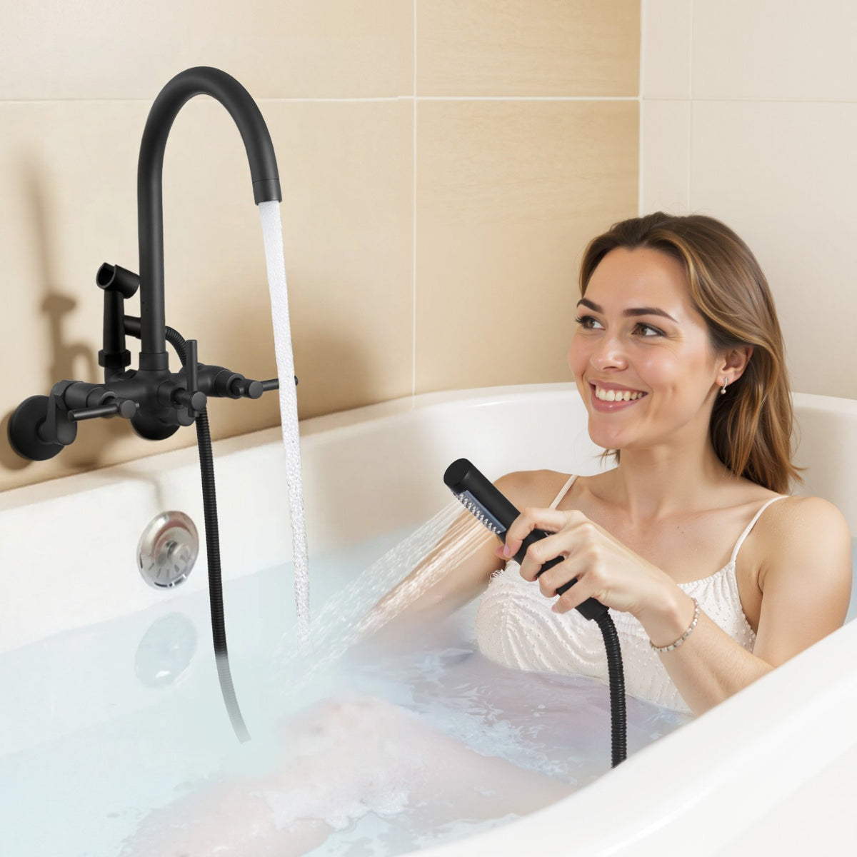 VEVOR Clawfoot Tub Faucet, Wall-Mounted Bathtub Faucet with Handheld Shower, Vintage Matte Black Clawfoot Tub Filler Shower Kit with Adjustable Swing Arms & Rotatable Gooseneck Spout for Bathtubs - BGSZZYGLTLTHGPGIU001V0 - view 9