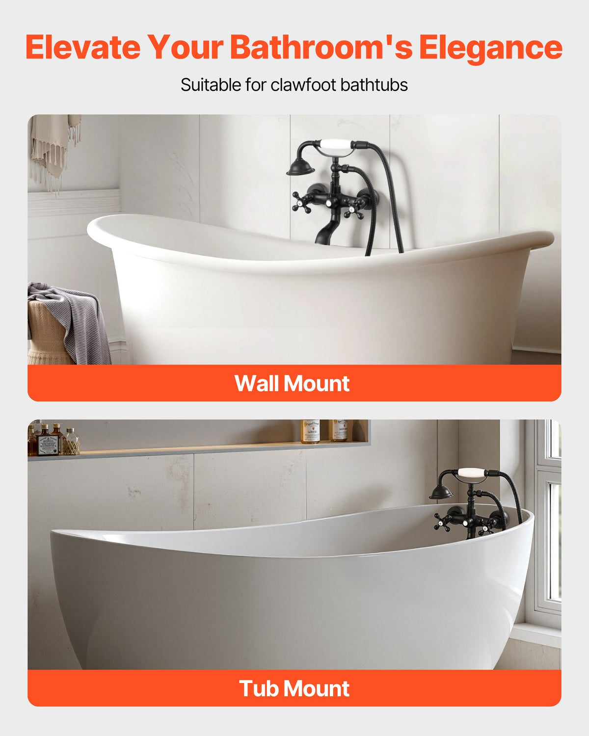 VEVOR Clawfoot Tub Faucet, Wall Mount Bathtub Faucets with Handheld Shower, Vintage Matte Black Clawfoot Tub Filler Faucet Shower Kit with Adjustable Swing Arms & 360° Rotation Spout for Bathtubs - BGSZZYGLTLTHGV59O001V0 - view 3
