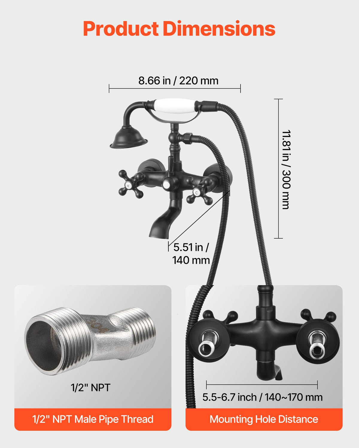 VEVOR Clawfoot Tub Faucet, Wall Mount Bathtub Faucets with Handheld Shower, Vintage Matte Black Clawfoot Tub Filler Faucet Shower Kit with Adjustable Swing Arms & 360° Rotation Spout for Bathtubs - BGSZZYGLTLTHGV59O001V0 - view 4