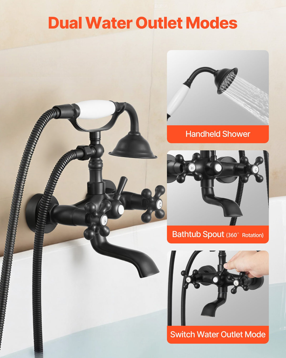 VEVOR Clawfoot Tub Faucet, Wall Mount Bathtub Faucets with Handheld Shower, Vintage Matte Black Clawfoot Tub Filler Faucet Shower Kit with Adjustable Swing Arms & 360° Rotation Spout for Bathtubs - BGSZZYGLTLTHGV59O001V0 - view 5