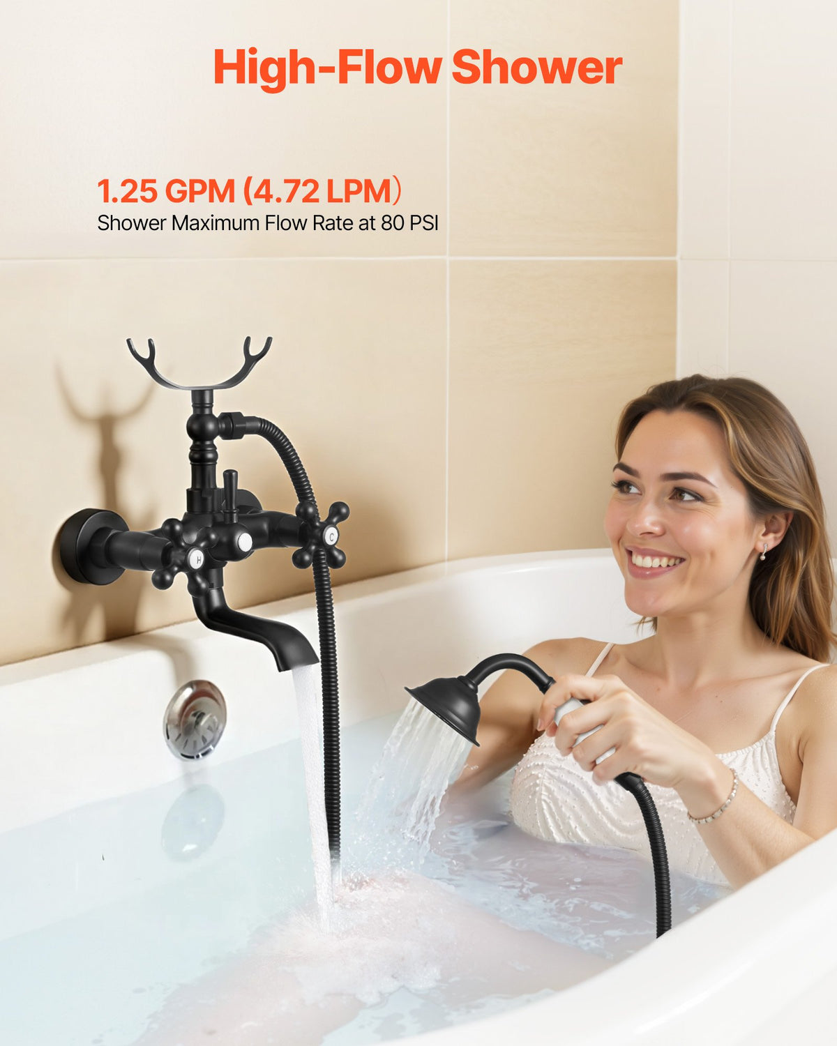 VEVOR Clawfoot Tub Faucet, Wall Mount Bathtub Faucets with Handheld Shower, Vintage Matte Black Clawfoot Tub Filler Faucet Shower Kit with Adjustable Swing Arms & 360° Rotation Spout for Bathtubs - BGSZZYGLTLTHGV59O001V0 - view 8