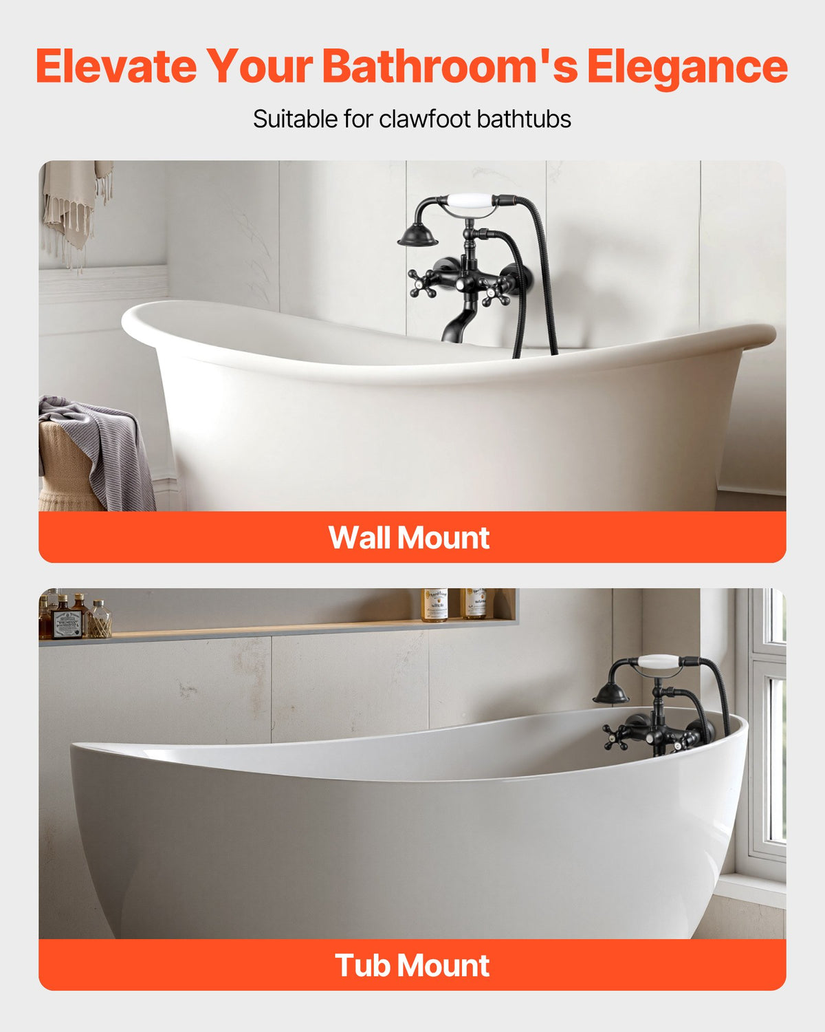 VEVOR Clawfoot Tub Faucet, Wall Mount Bathtub Faucets with Handheld Shower, Vintage Oil-Rubbed Bronze Clawfoot Tub Filler Faucet Shower Kit with Adjustable Swing Arms & 360° Rotation Spout for Bathtubs - BGSZZYGLTLTHLAC1L001V0 - view 3