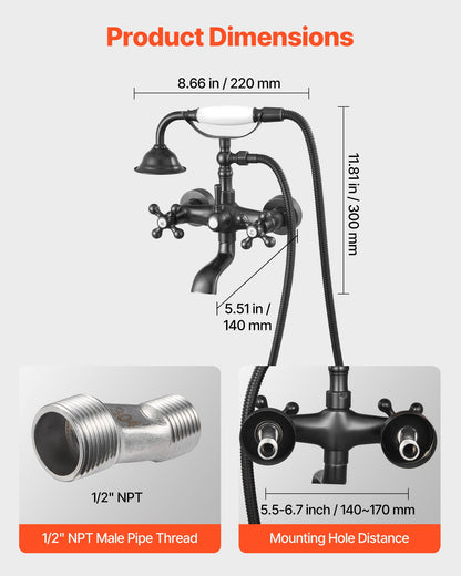 VEVOR Clawfoot Tub Faucet, Wall Mount Bathtub Faucets with Handheld Shower, Vintage Oil-Rubbed Bronze Clawfoot Tub Filler Faucet Shower Kit with Adjustable Swing Arms & 360° Rotation Spout for Bathtubs - BGSZZYGLTLTHLAC1L001V0 - view 4