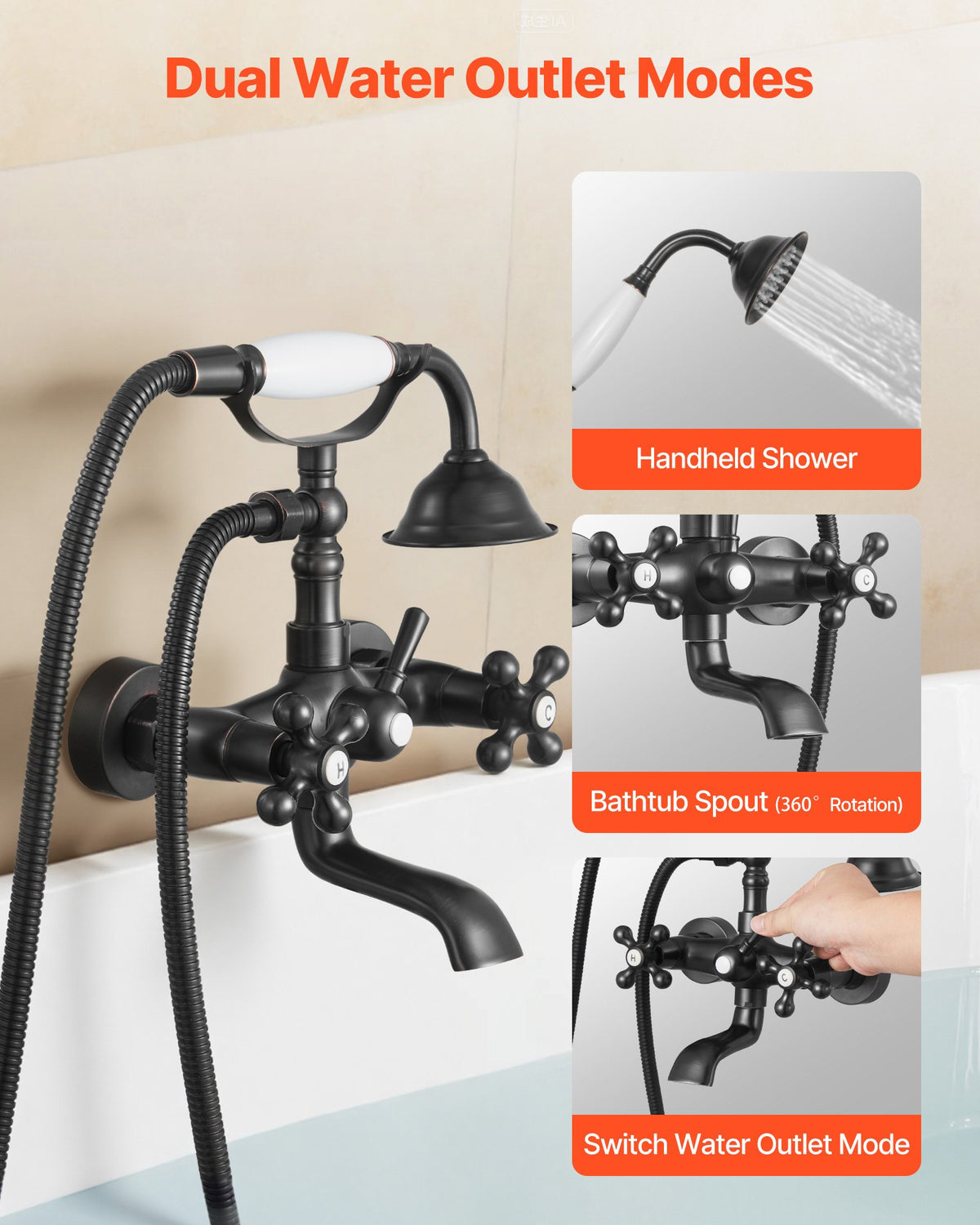 VEVOR Clawfoot Tub Faucet, Wall Mount Bathtub Faucets with Handheld Shower, Vintage Oil-Rubbed Bronze Clawfoot Tub Filler Faucet Shower Kit with Adjustable Swing Arms & 360° Rotation Spout for Bathtubs - BGSZZYGLTLTHLAC1L001V0 - view 5