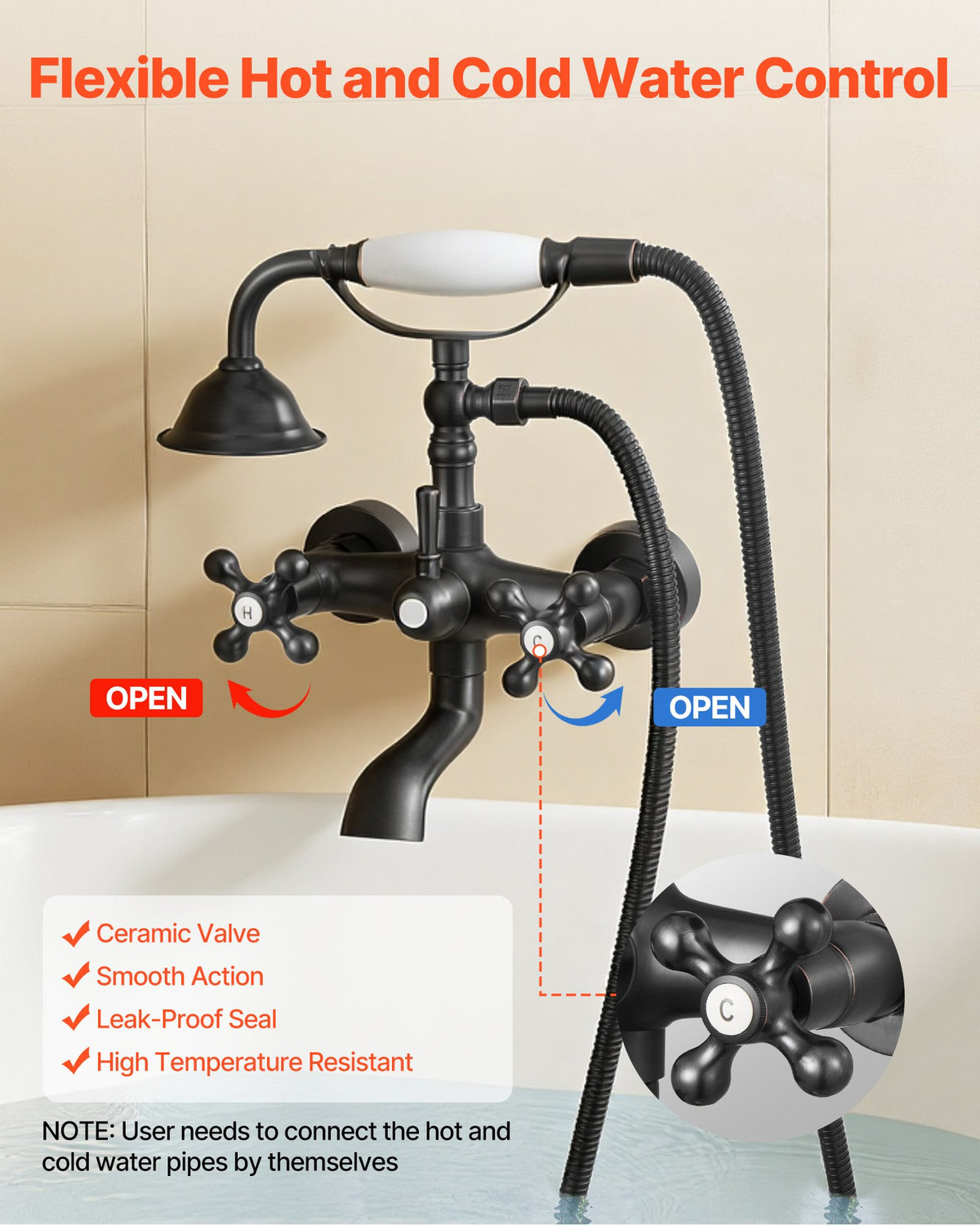 VEVOR Clawfoot Tub Faucet, Wall Mount Bathtub Faucets with Handheld Shower, Vintage Oil-Rubbed Bronze Clawfoot Tub Filler Faucet Shower Kit with Adjustable Swing Arms & 360° Rotation Spout for Bathtubs - BGSZZYGLTLTHLAC1L001V0 - view 7