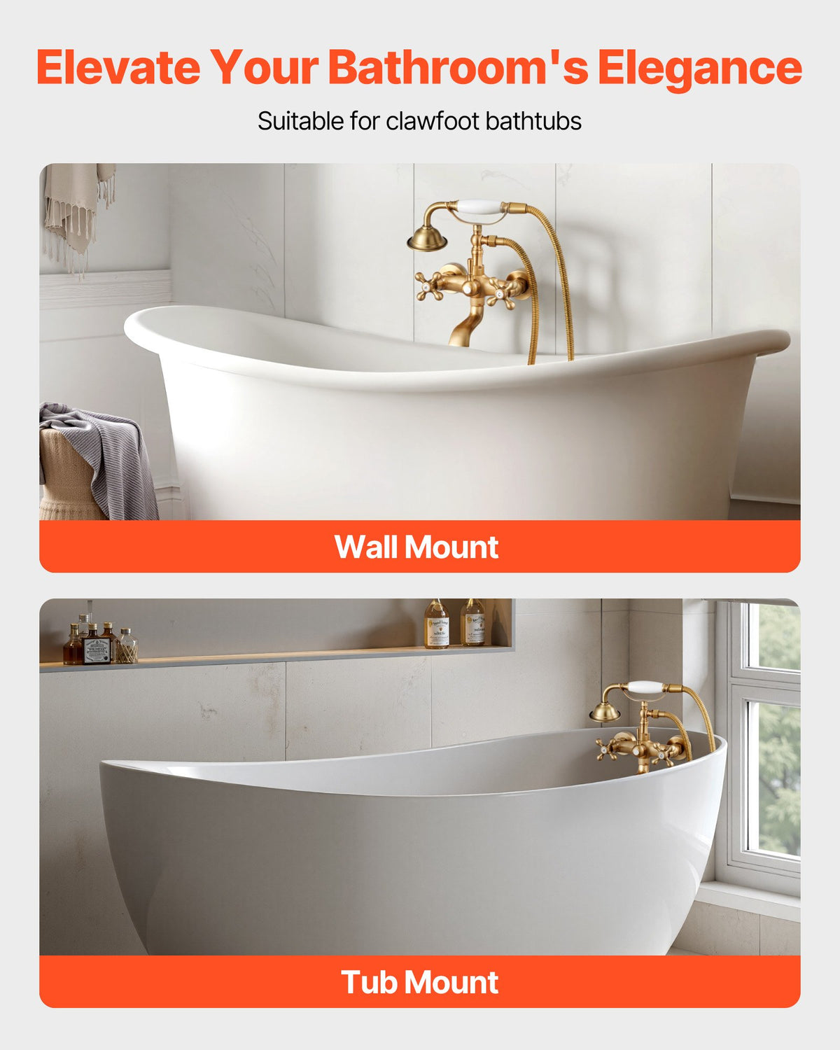 VEVOR Clawfoot Tub Faucet, Wall Mount Bathtub Faucets with Handheld Shower, Vintage Brushed Gold Clawfoot Tub Filler Faucet Shower Kit with Adjustable Swing Arms & 360° Rotation Spout for Bathtubs - BGSZZYGLTLTHM679T001V0 - view 3