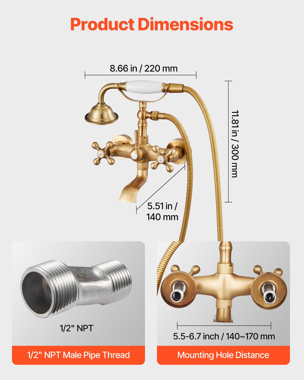 VEVOR Clawfoot Tub Faucet, Wall Mount Bathtub Faucets with Handheld Shower, Vintage Brushed Gold Clawfoot Tub Filler Faucet Shower Kit with Adjustable Swing Arms & 360° Rotation Spout for Bathtubs - BGSZZYGLTLTHM679T001V0 - view 4