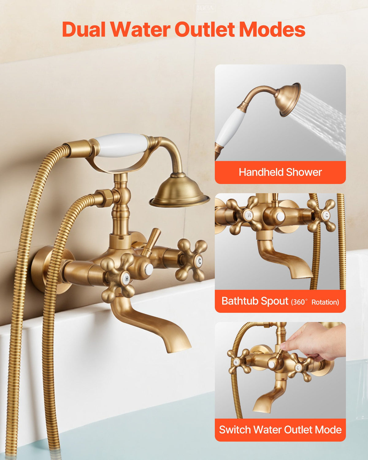 VEVOR Clawfoot Tub Faucet, Wall Mount Bathtub Faucets with Handheld Shower, Vintage Brushed Gold Clawfoot Tub Filler Faucet Shower Kit with Adjustable Swing Arms & 360° Rotation Spout for Bathtubs - BGSZZYGLTLTHM679T001V0 - view 5