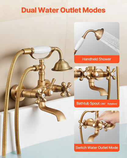 VEVOR Clawfoot Tub Faucet, Wall Mount Bathtub Faucets with Handheld Shower, Vintage Brushed Gold Clawfoot Tub Filler Faucet Shower Kit with Adjustable Swing Arms & 360° Rotation Spout for Bathtubs - BGSZZYGLTLTHM679T001V0 - view 5