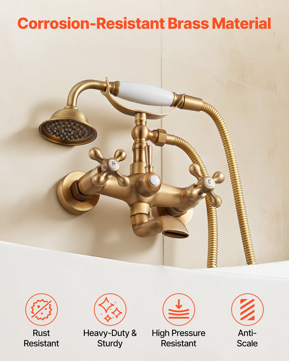 VEVOR Clawfoot Tub Faucet, Wall Mount Bathtub Faucets with Handheld Shower, Vintage Brushed Gold Clawfoot Tub Filler Faucet Shower Kit with Adjustable Swing Arms & 360° Rotation Spout for Bathtubs - BGSZZYGLTLTHM679T001V0 - view 6