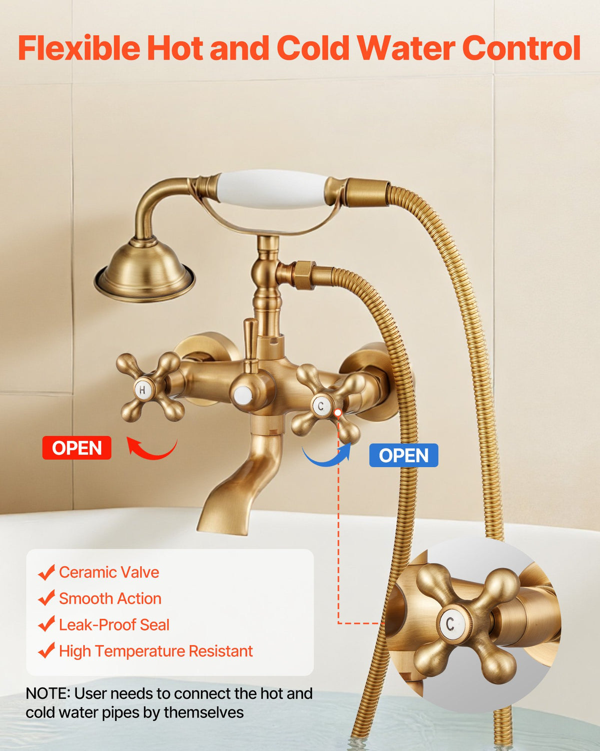 VEVOR Clawfoot Tub Faucet, Wall Mount Bathtub Faucets with Handheld Shower, Vintage Brushed Gold Clawfoot Tub Filler Faucet Shower Kit with Adjustable Swing Arms & 360° Rotation Spout for Bathtubs - BGSZZYGLTLTHM679T001V0 - view 7