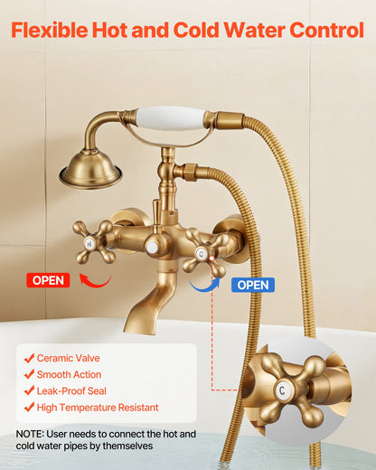 VEVOR Clawfoot Tub Faucet, Wall Mount Bathtub Faucets with Handheld Shower, Vintage Brushed Gold Clawfoot Tub Filler Faucet Shower Kit with Adjustable Swing Arms & 360° Rotation Spout for Bathtubs - BGSZZYGLTLTHM679T001V0 - view 7