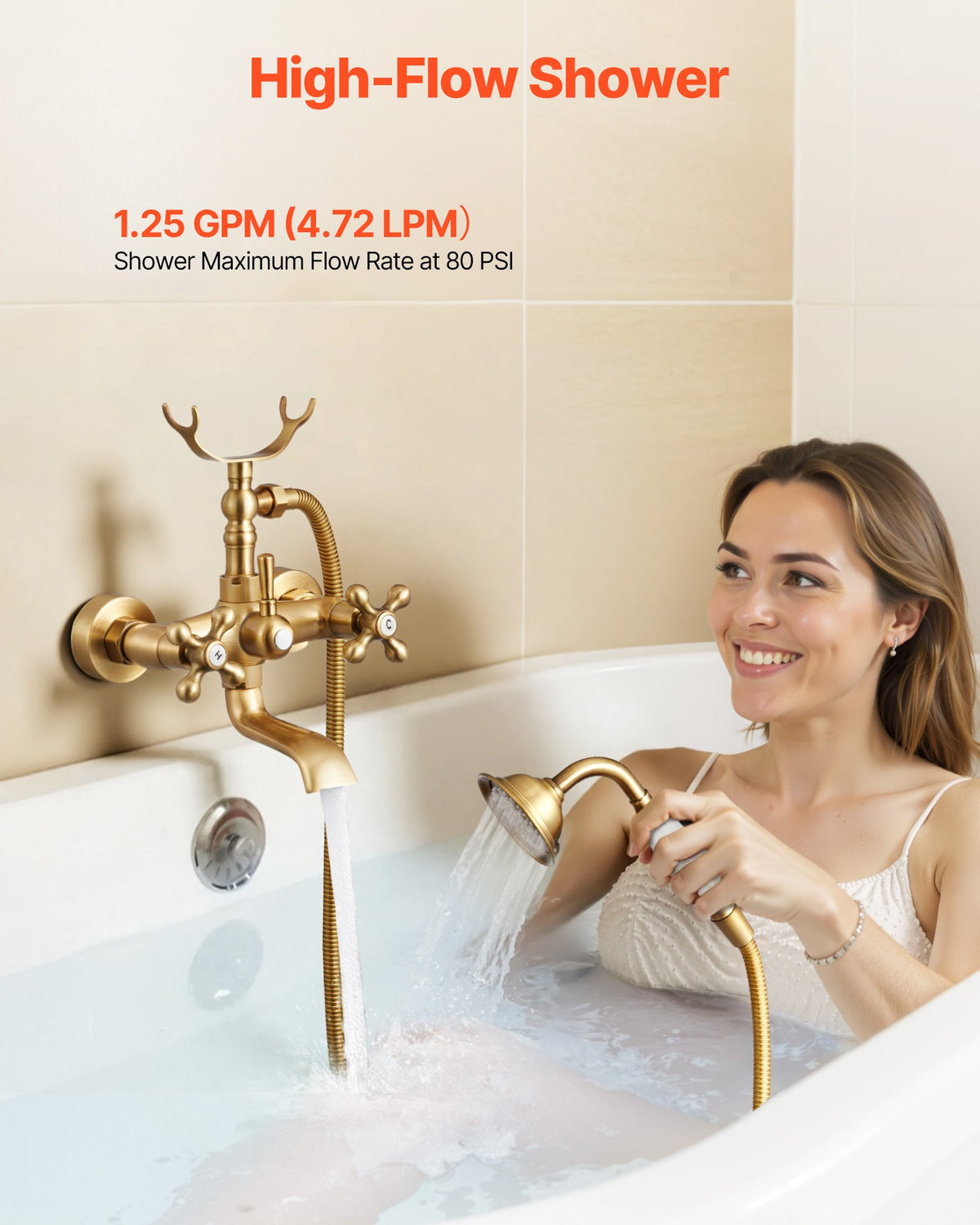VEVOR Clawfoot Tub Faucet, Wall Mount Bathtub Faucets with Handheld Shower, Vintage Brushed Gold Clawfoot Tub Filler Faucet Shower Kit with Adjustable Swing Arms & 360° Rotation Spout for Bathtubs - BGSZZYGLTLTHM679T001V0 - view 8