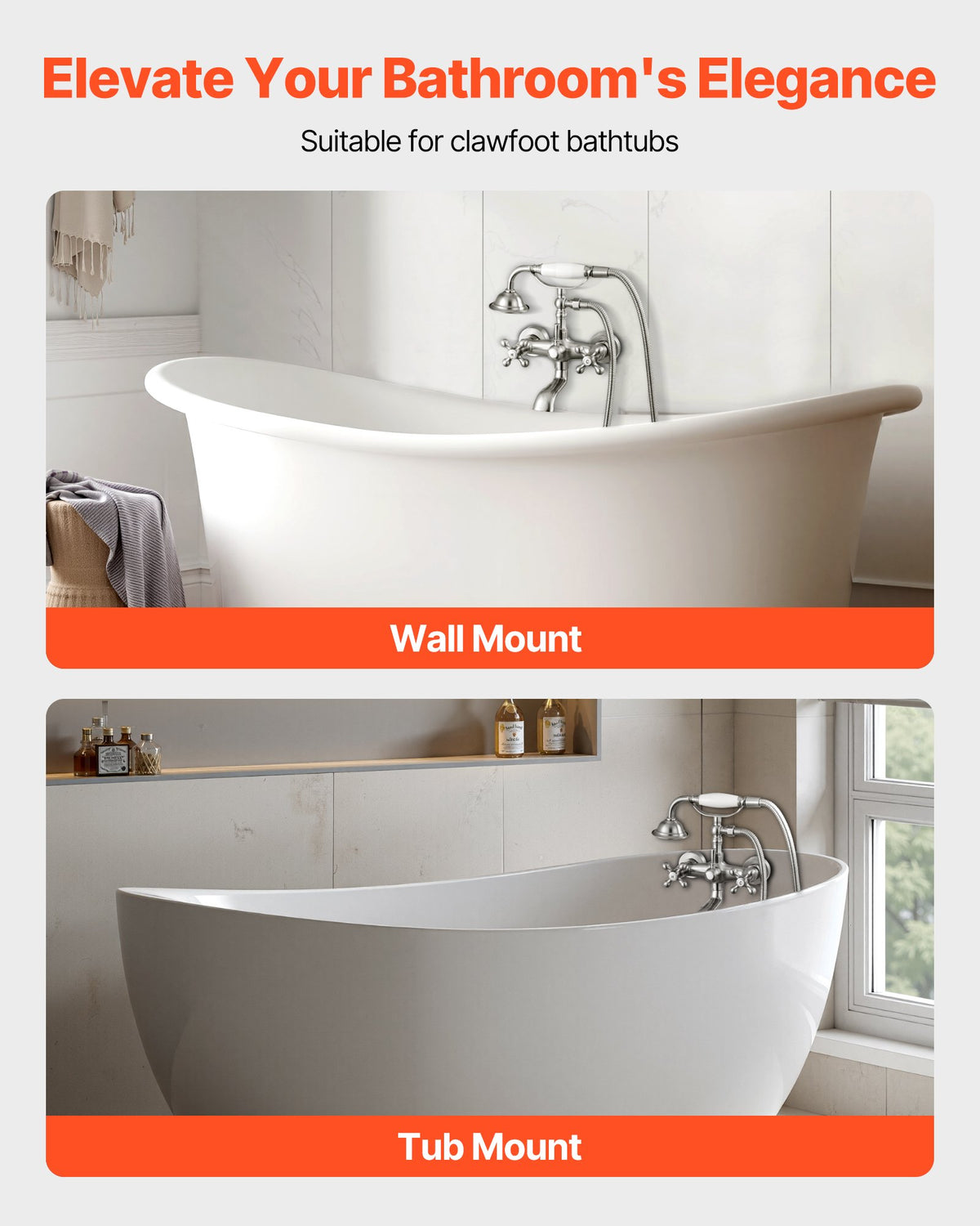 VEVOR Clawfoot Tub Faucet, Wall Mount Bathtub Faucets with Handheld Shower, Vintage Brushed Nickel Clawfoot Tub Filler Faucet Shower Kit with Adjustable Swing Arms & 360° Rotation Spout for Bathtubs - BGSZZYGLTLTHVNHFW001V0 - view 3