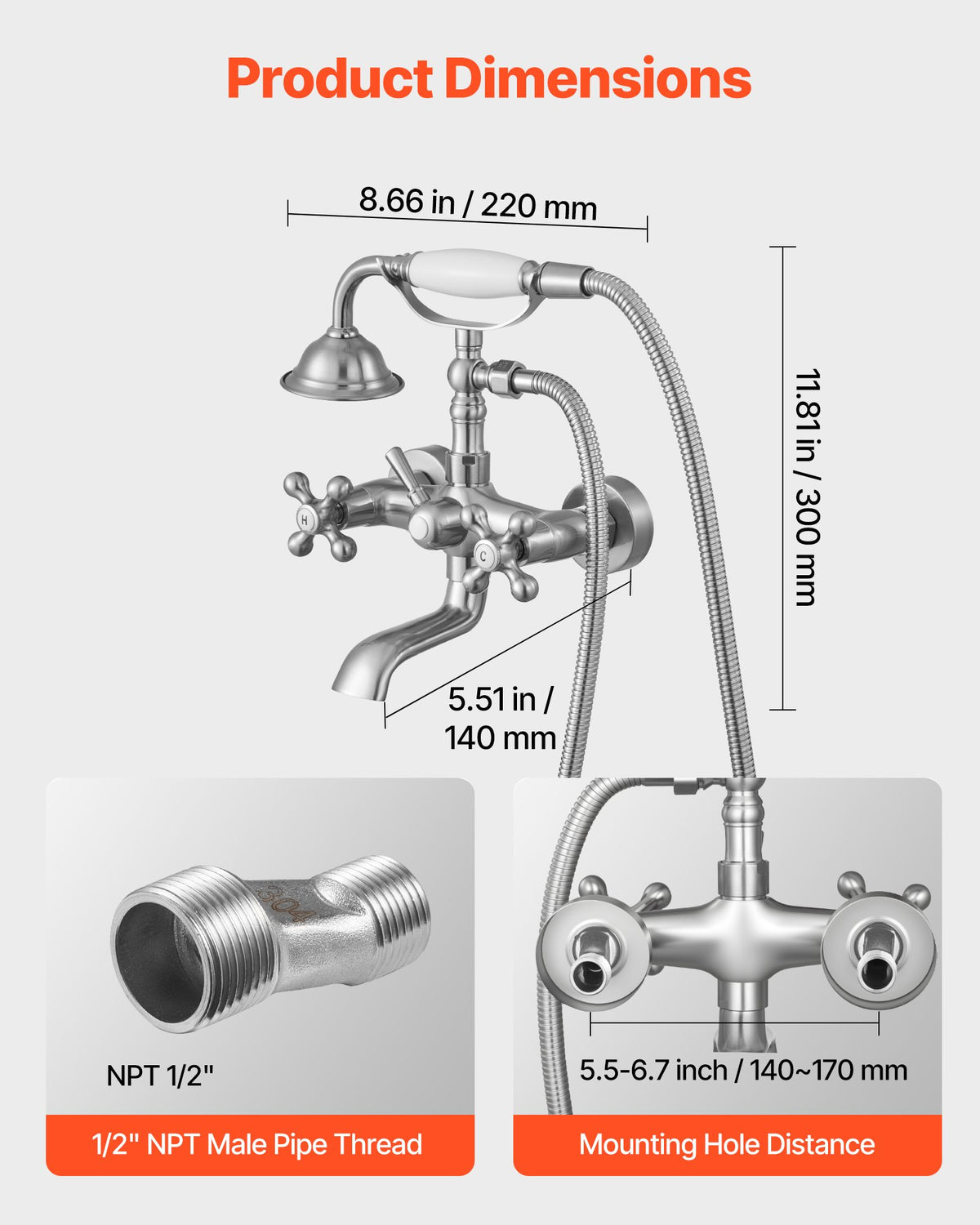 VEVOR Clawfoot Tub Faucet, Wall Mount Bathtub Faucets with Handheld Shower, Vintage Brushed Nickel Clawfoot Tub Filler Faucet Shower Kit with Adjustable Swing Arms & 360° Rotation Spout for Bathtubs - BGSZZYGLTLTHVNHFW001V0 - view 4
