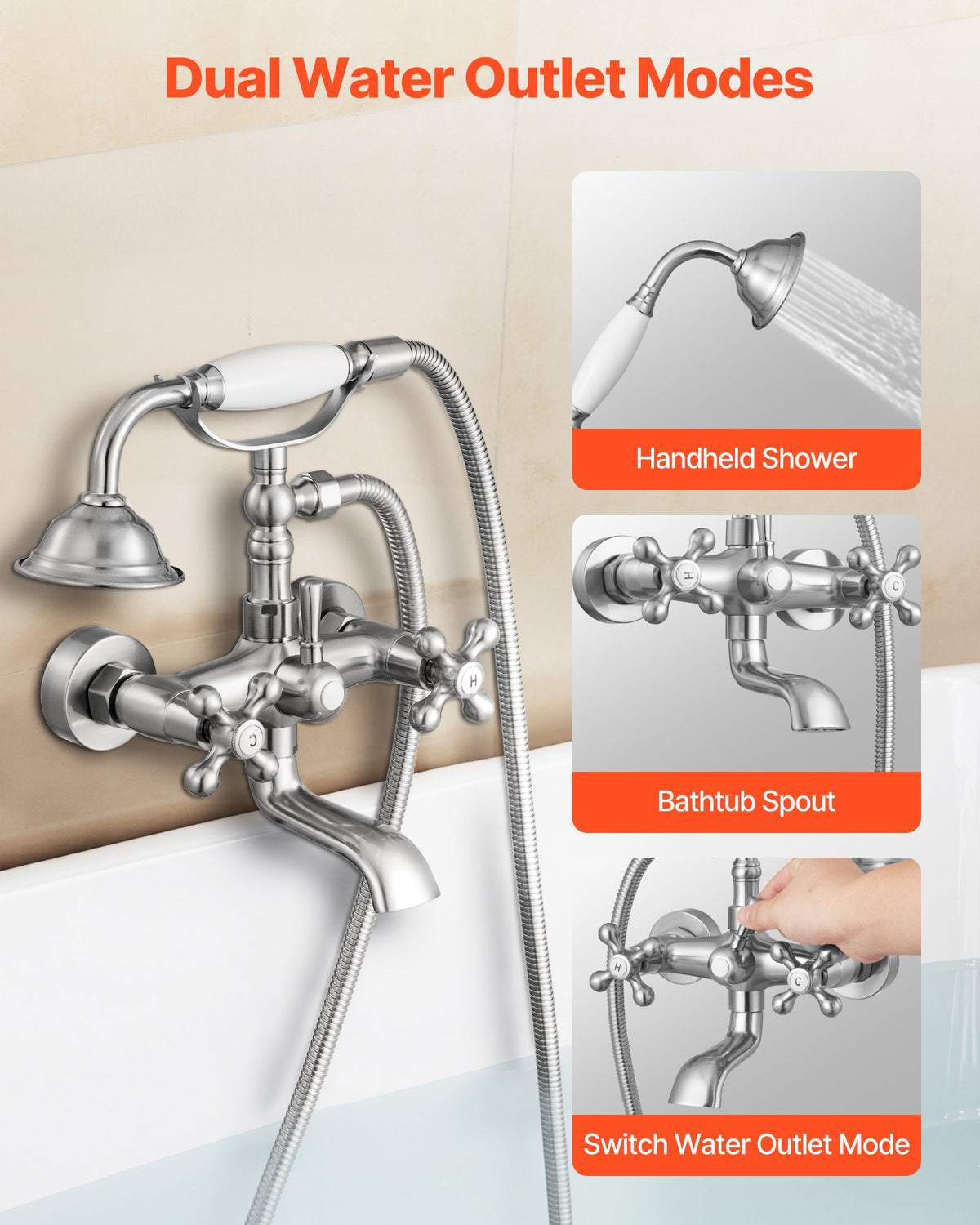 VEVOR Clawfoot Tub Faucet, Wall Mount Bathtub Faucets with Handheld Shower, Vintage Brushed Nickel Clawfoot Tub Filler Faucet Shower Kit with Adjustable Swing Arms & 360° Rotation Spout for Bathtubs - BGSZZYGLTLTHVNHFW001V0 - view 5