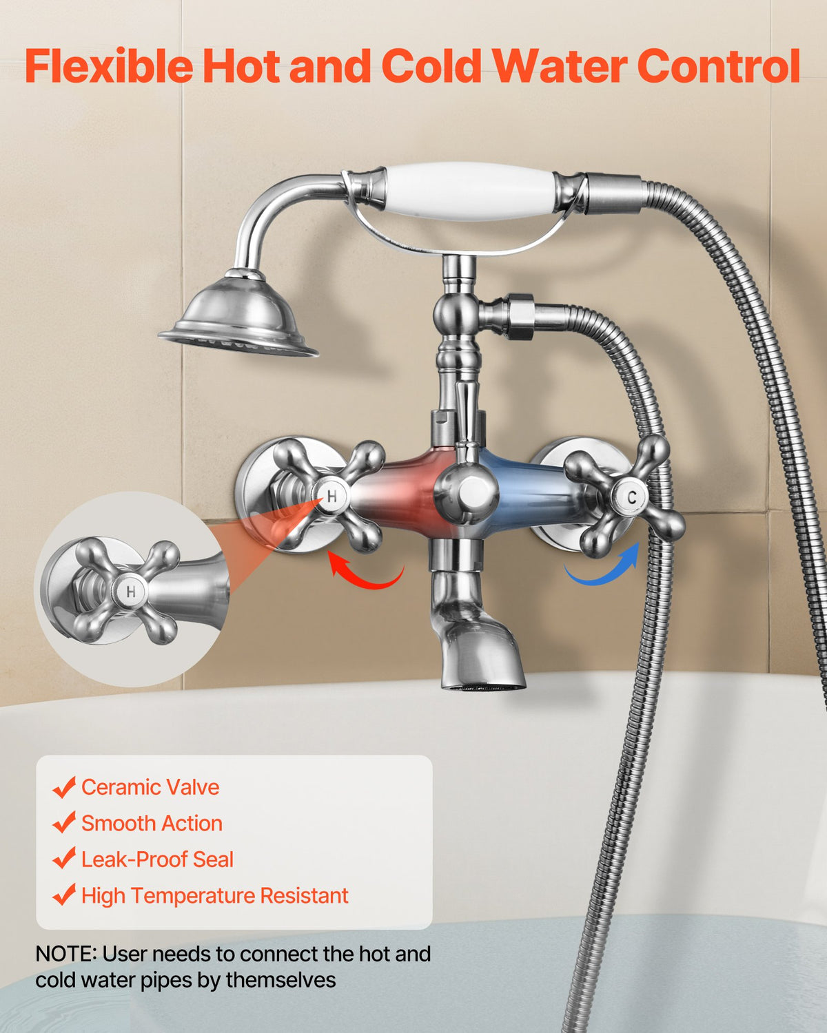 VEVOR Clawfoot Tub Faucet, Wall Mount Bathtub Faucets with Handheld Shower, Vintage Brushed Nickel Clawfoot Tub Filler Faucet Shower Kit with Adjustable Swing Arms & 360° Rotation Spout for Bathtubs - BGSZZYGLTLTHVNHFW001V0 - view 7