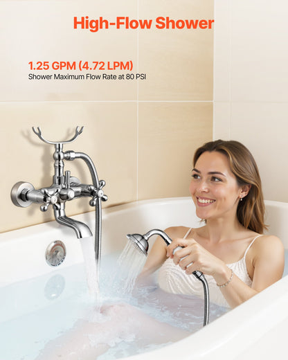 VEVOR Clawfoot Tub Faucet, Wall Mount Bathtub Faucets with Handheld Shower, Vintage Brushed Nickel Clawfoot Tub Filler Faucet Shower Kit with Adjustable Swing Arms & 360° Rotation Spout for Bathtubs - BGSZZYGLTLTHVNHFW001V0 - view 8