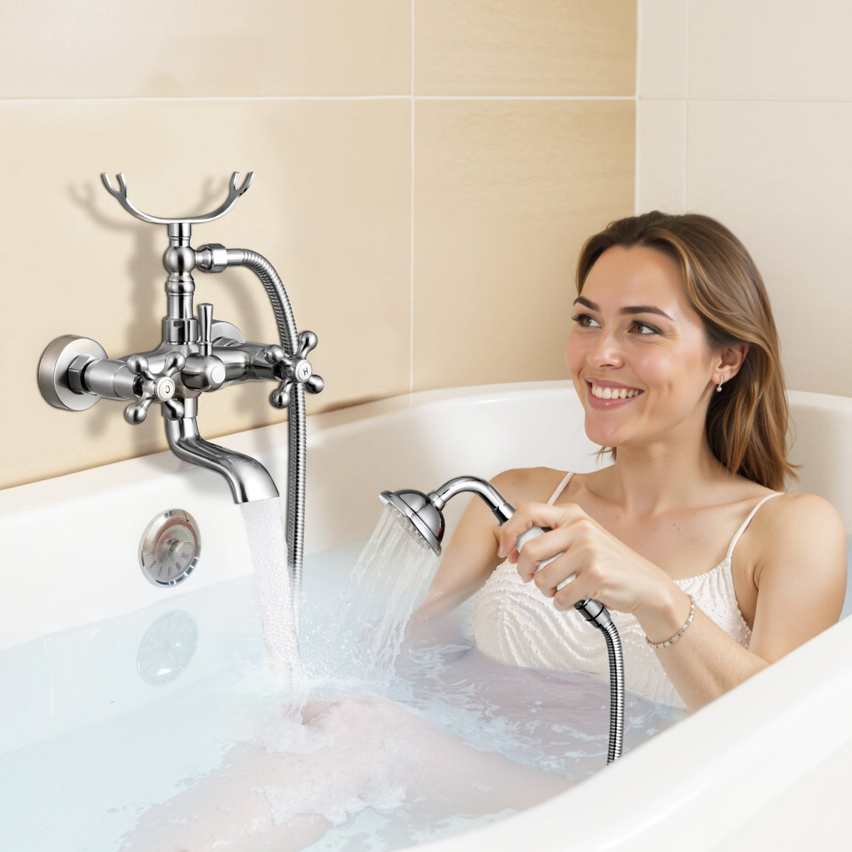 VEVOR Clawfoot Tub Faucet, Wall Mount Bathtub Faucets with Handheld Shower, Vintage Brushed Nickel Clawfoot Tub Filler Faucet Shower Kit with Adjustable Swing Arms & 360° Rotation Spout for Bathtubs - BGSZZYGLTLTHVNHFW001V0 - view 9
